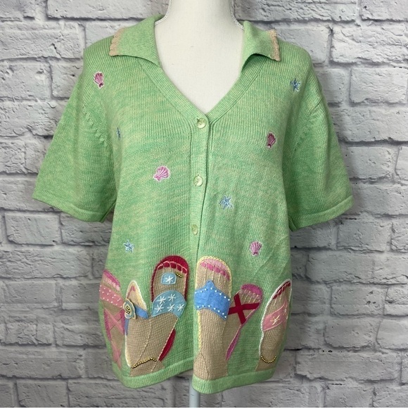 Tabi International Vintage 90s Beach Theme Short Sleeve Button Cardigan Medium - Picture 2 of 11